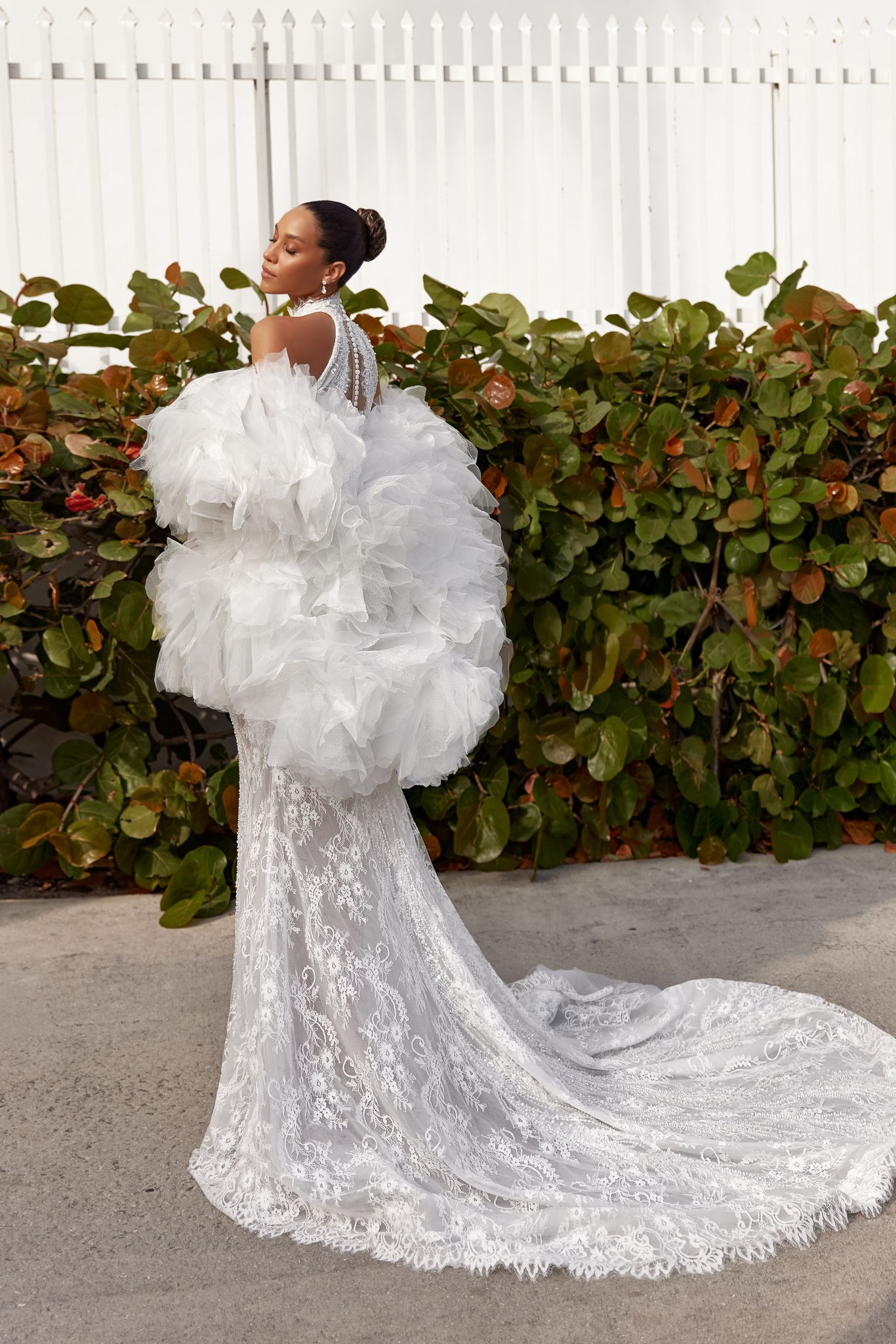 wedding dress Marigold with cape by OKSANA MUKHA Bridal Marigold with cape: fitted curves, high back, and hand-sewn sequins