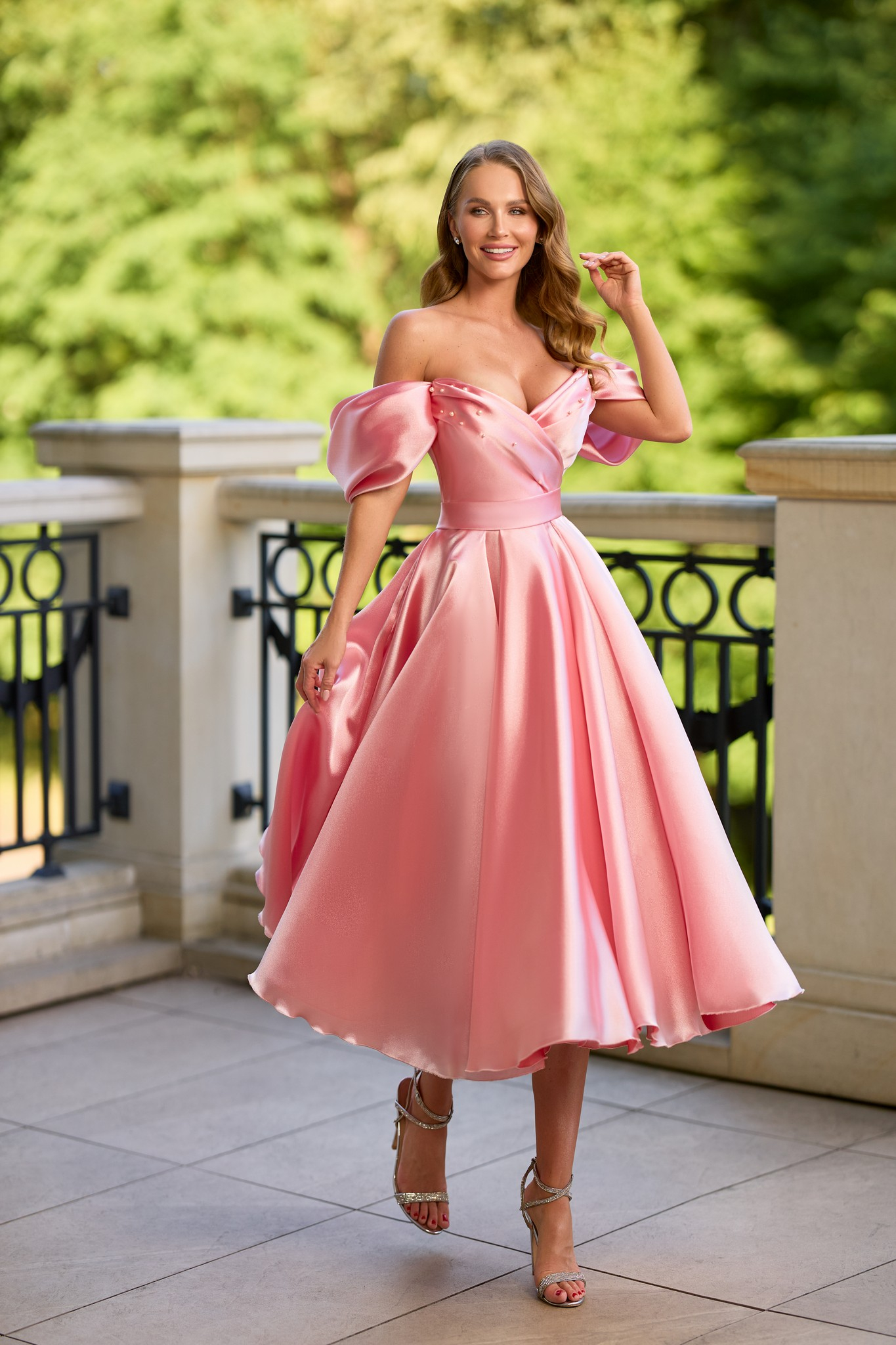 A-line evening dress with pearls
