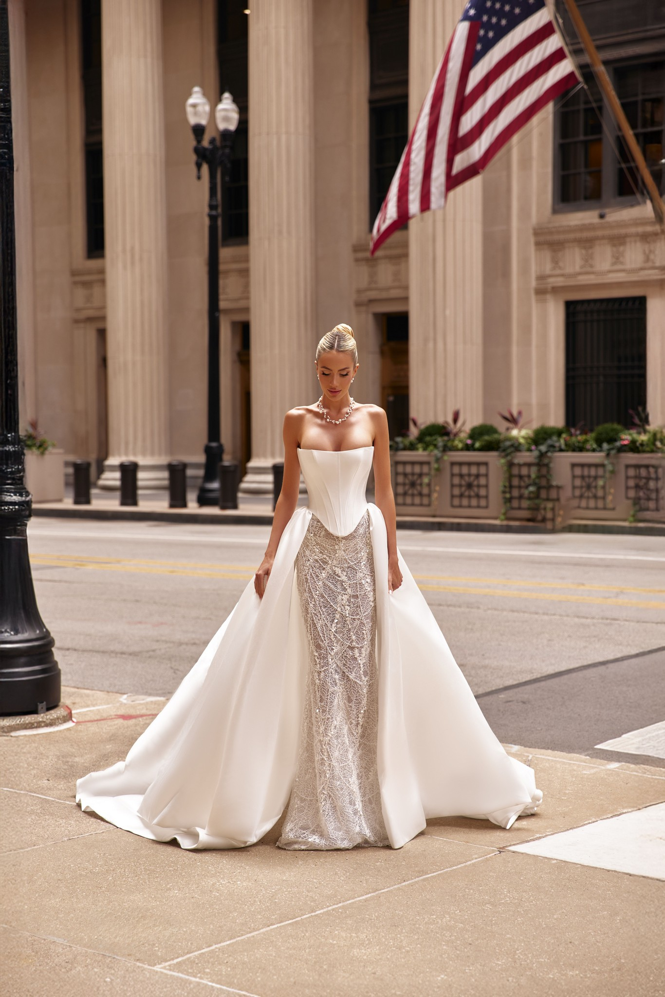 wedding dress Augusta by OKSANA MUKHA Elegant Augusta dress: structured corset, adjustable lacing, and flowing train