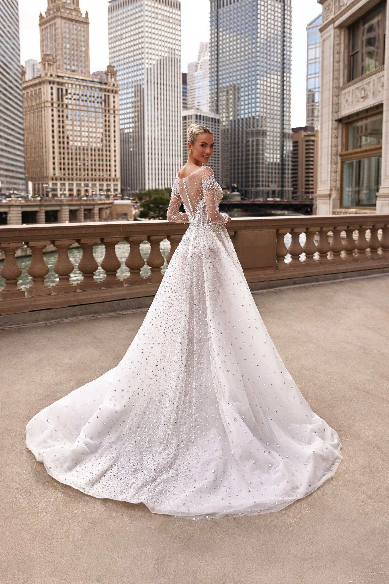 Elle dress: timeless A-line with delicate pearls and elegant lace appliqués