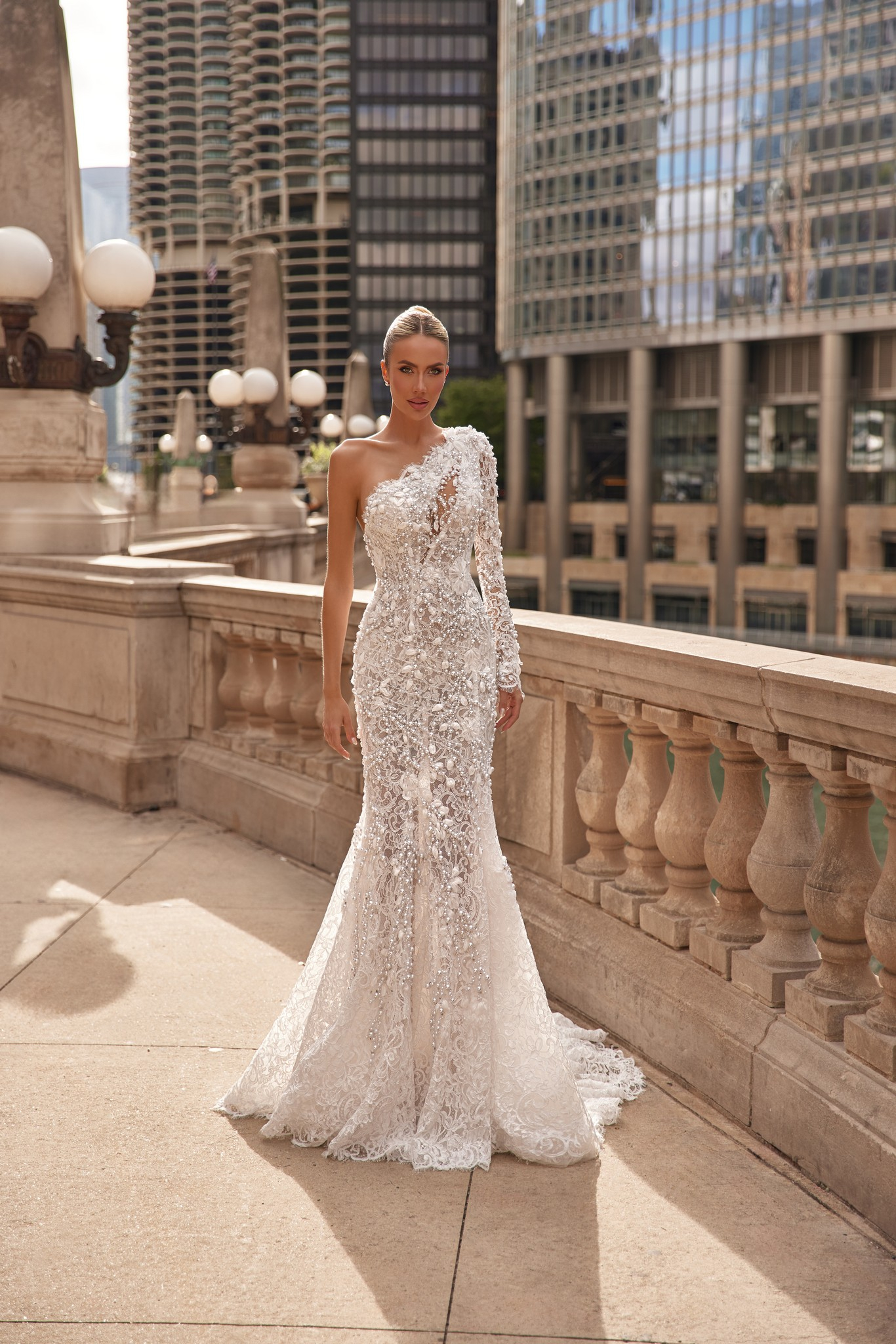 wedding dress Alegra by OKSANA MUKHA Alegra bridal look: bold yet romantic with train, asymmetrical neckline, and sparkle