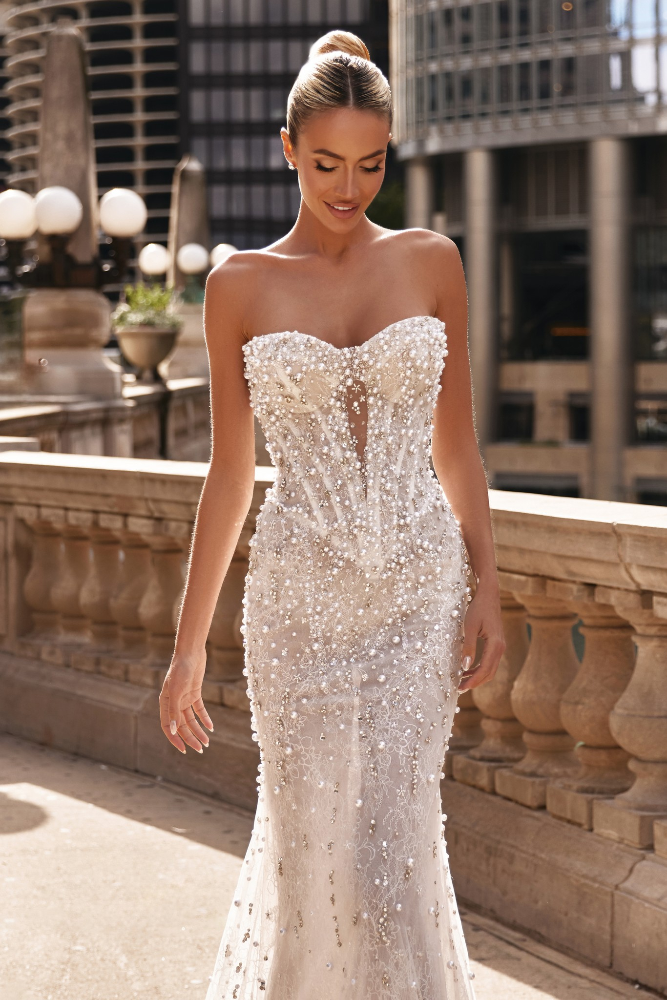 Glamour gown: fitted corset dress with lace, crystals, pearls