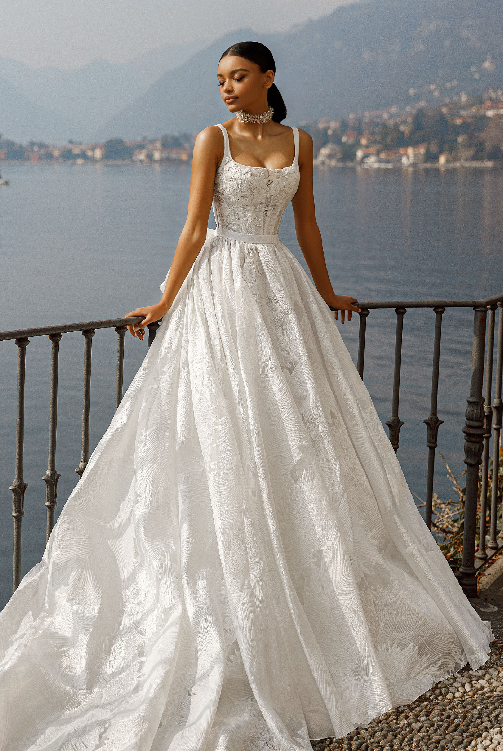 Gown A-line, structured skirt, elegant silhouette