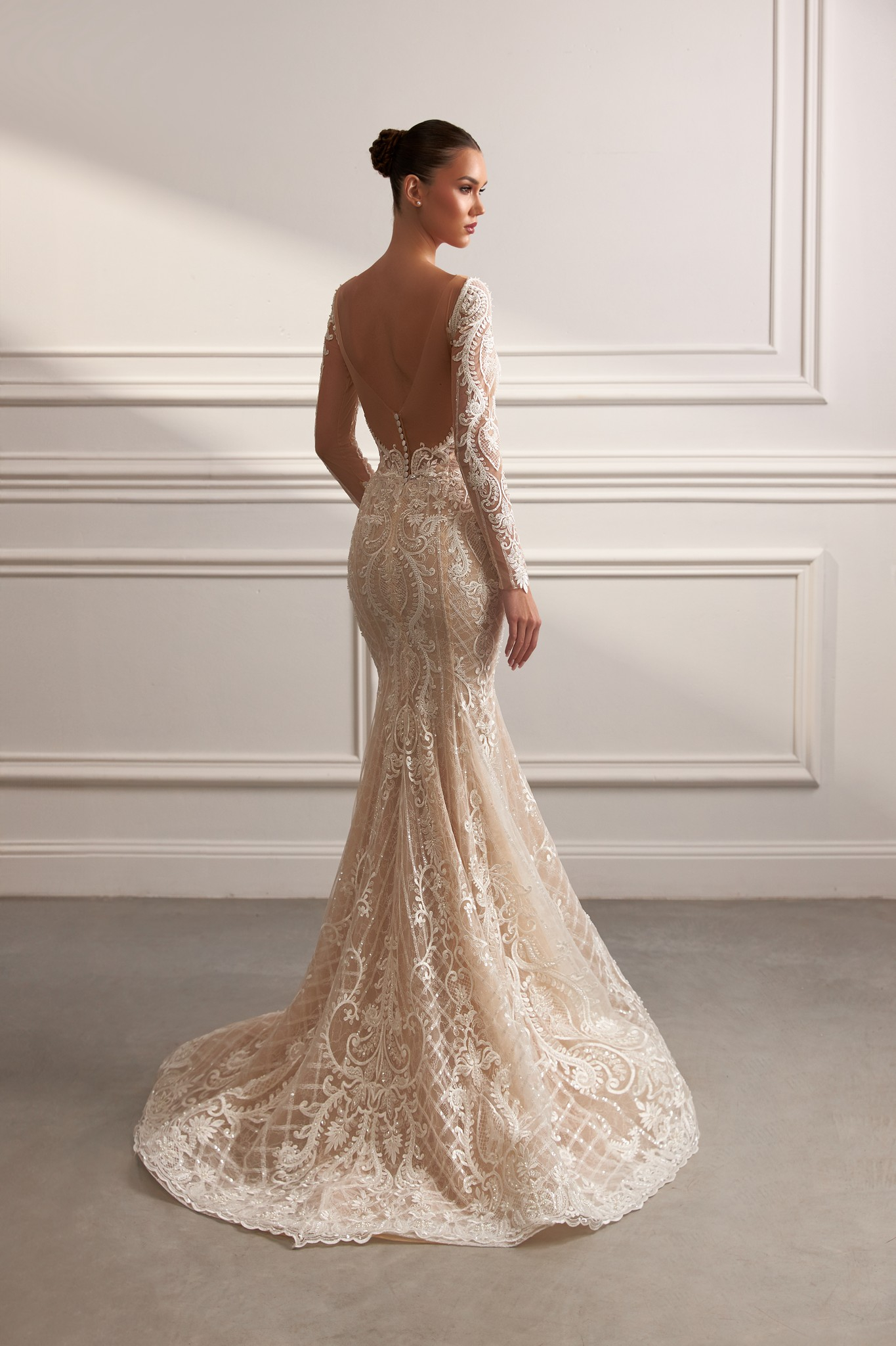 Bridal gown contrasting lace appliqués, feminine silhouette