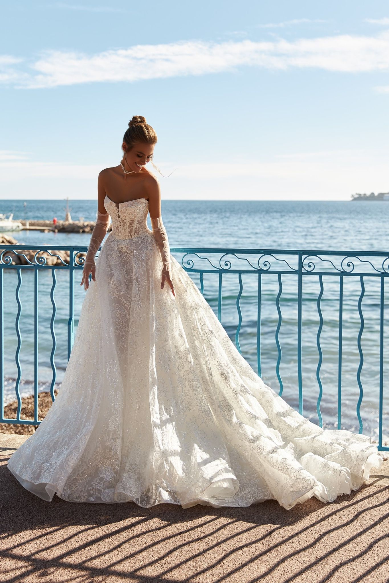 Bridal gown A-line, embroidered lace, 60 cm train