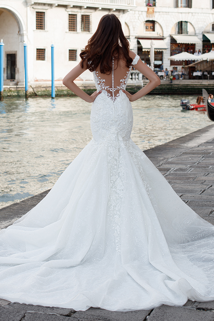 wedding dress Blanca by OKSANA MUKHA Bridal gown mermaid, cups bodice, closed back, mesh shoulders