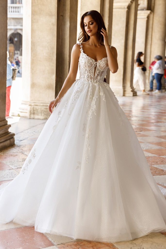 Wedding dress ball gown, lace, glitter tulle