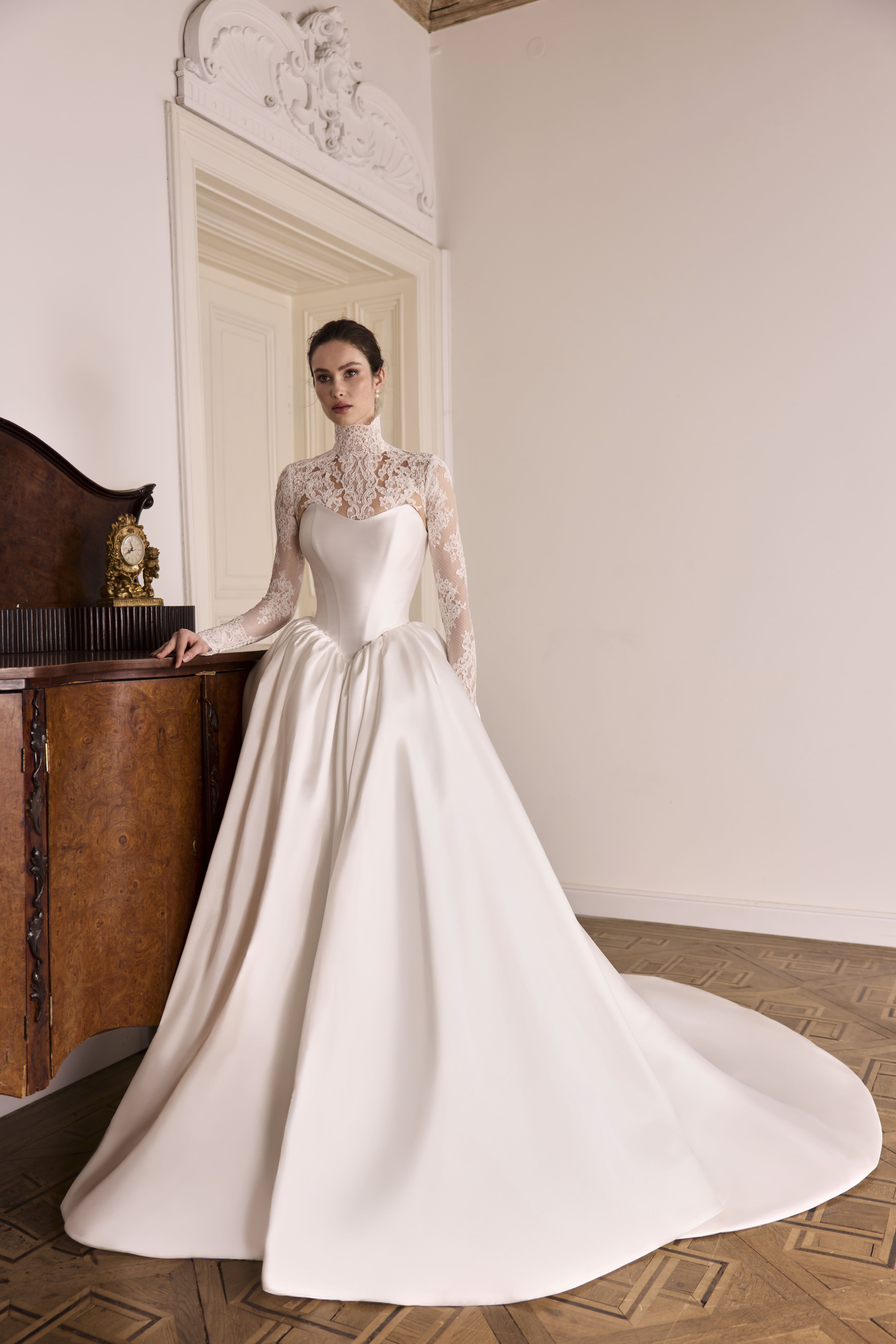 mikado a line wedding dress 44511: Mikado A Line with Cuff Neckline and Princess Seams