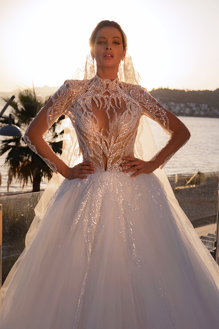 wedding dress Diva with cape by OKSANA MUKHA Bridal gown sheer bodice, cups, open back