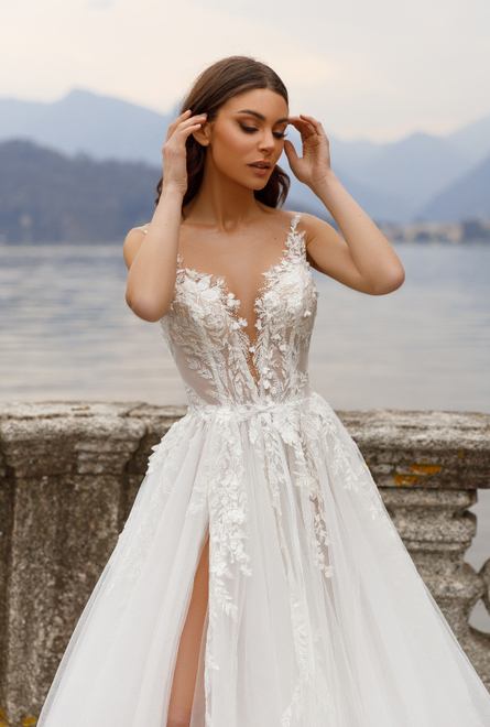 photo of wedding dress Kora: a line, v-neck, illusion, sleeveless, no overskirt, ivory, long