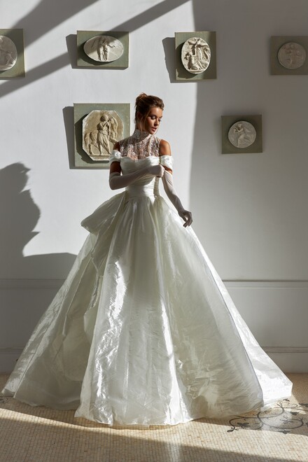 photo of wedding dress Florence with cape: a line, bateau, off the shoulder sleeves, no overskirt, ivory, long