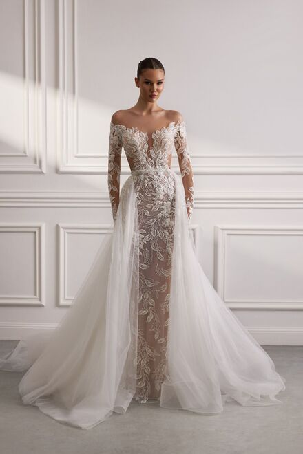 photo of wedding dress Paris: sheath, illusion, long sleeves, with overskirt, blush, ivory, long