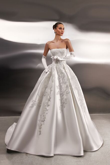 photo of wedding dress Monsher: a line, straight, strapless, no overskirt, ivory, long