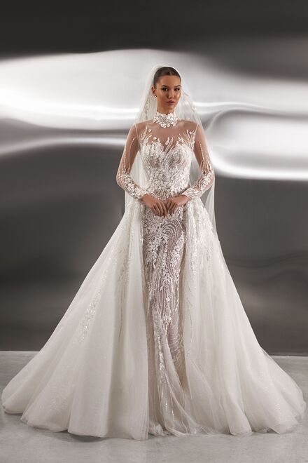 photo of wedding dress Cheril: fitted, sweetheart, strapless, long sleeves, with overskirt, ivory, long