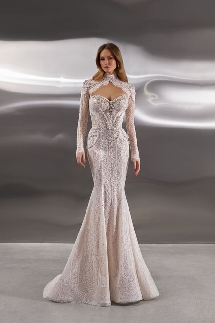 photo of wedding dress Viva: fitted, sweetheart, high neck , strapless, long sleeves, no overskirt, blush, ivory, long