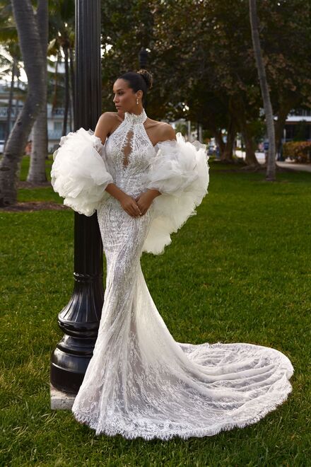 mermaid wedding dress with cape Ivory Lace Mermaid Style Wedding Gown with Cape Sequin Wedding Dress with Sleeveless and Corset Plus Size GABRIELLE Size 0