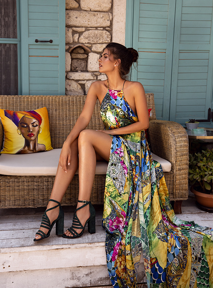 Printed maxi dress with high slit