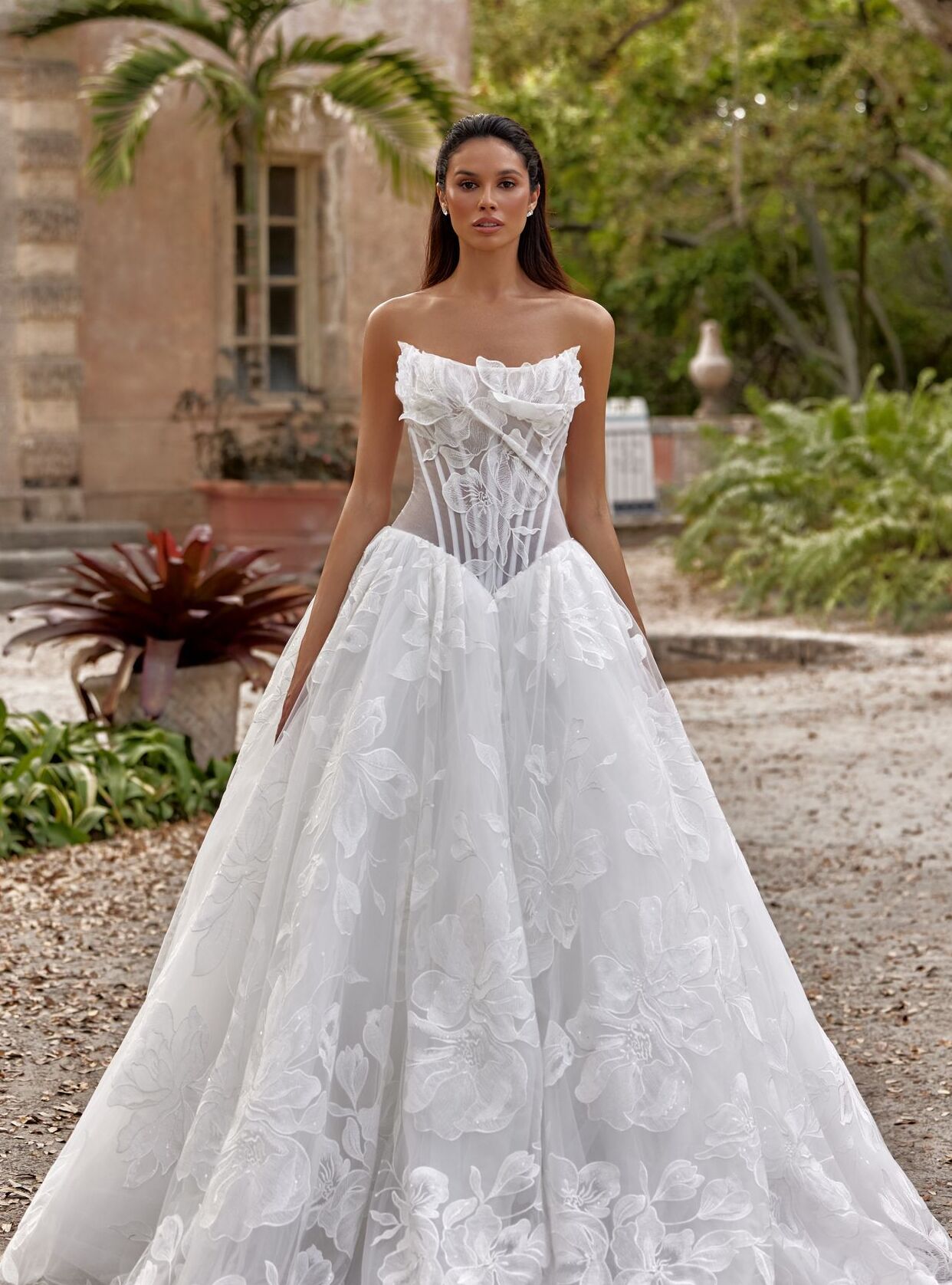 wedding dress Aysel by OKSANA MUKHA Aysel wedding dress A-line silhouette, lace and tulle, sheer corset bodice with visible boning, floral embroidery, open back, structured waistline