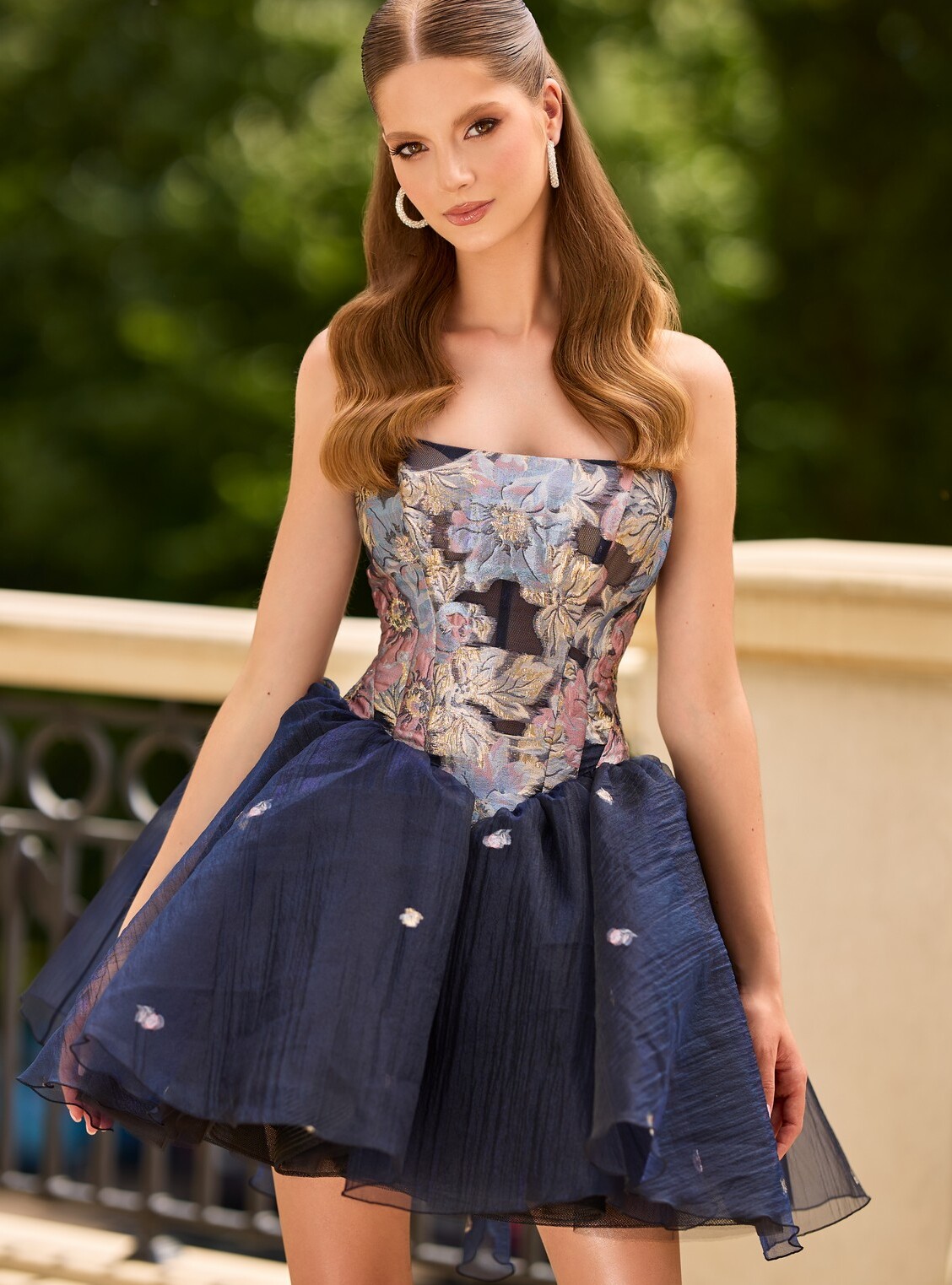 Blue mini dress with jacquard corset