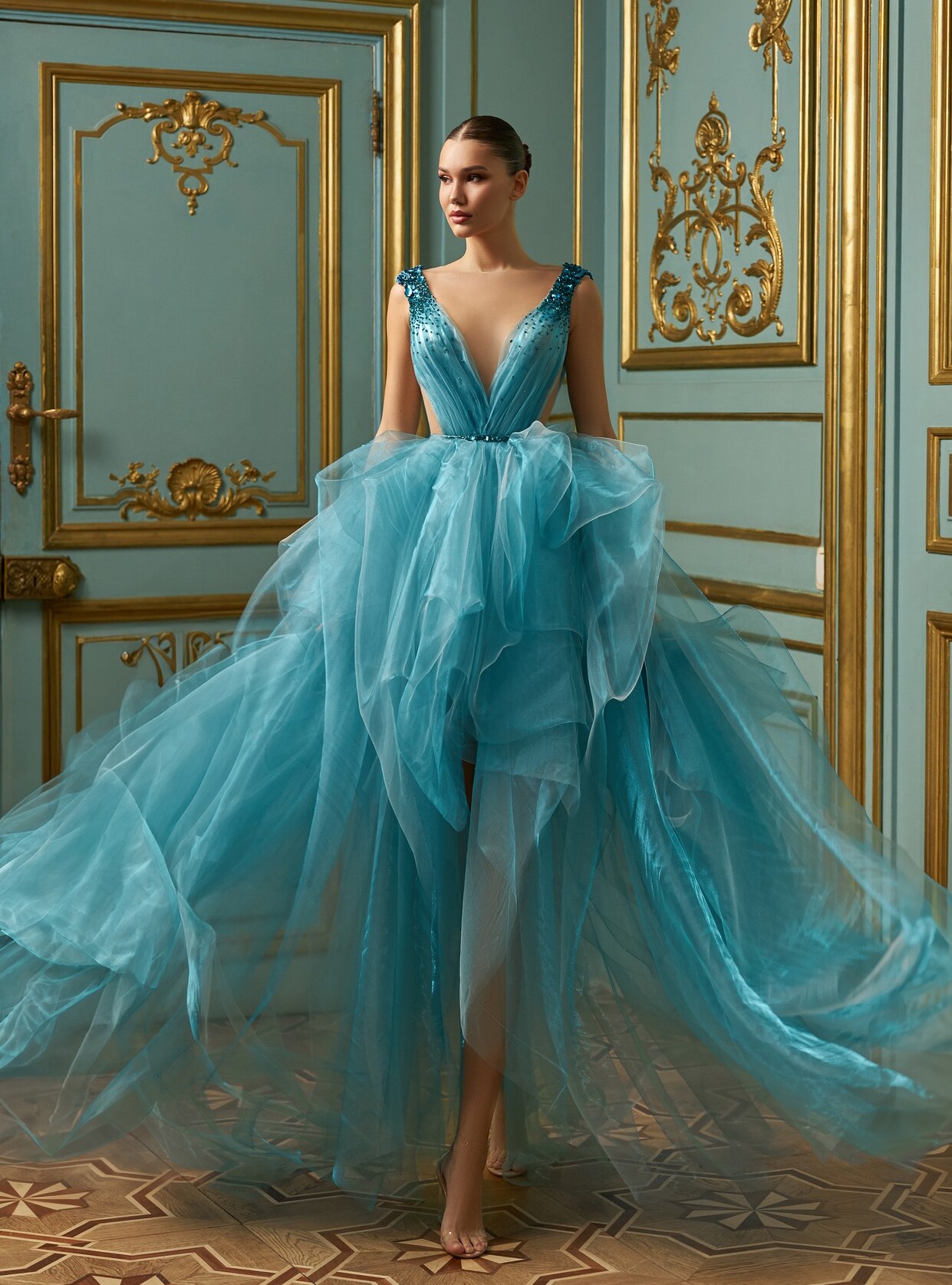 Blue gown with layered tulle