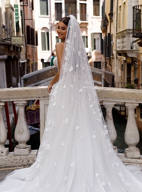 Bridal gown translucent bodice, pearl embroidery, 1 m train