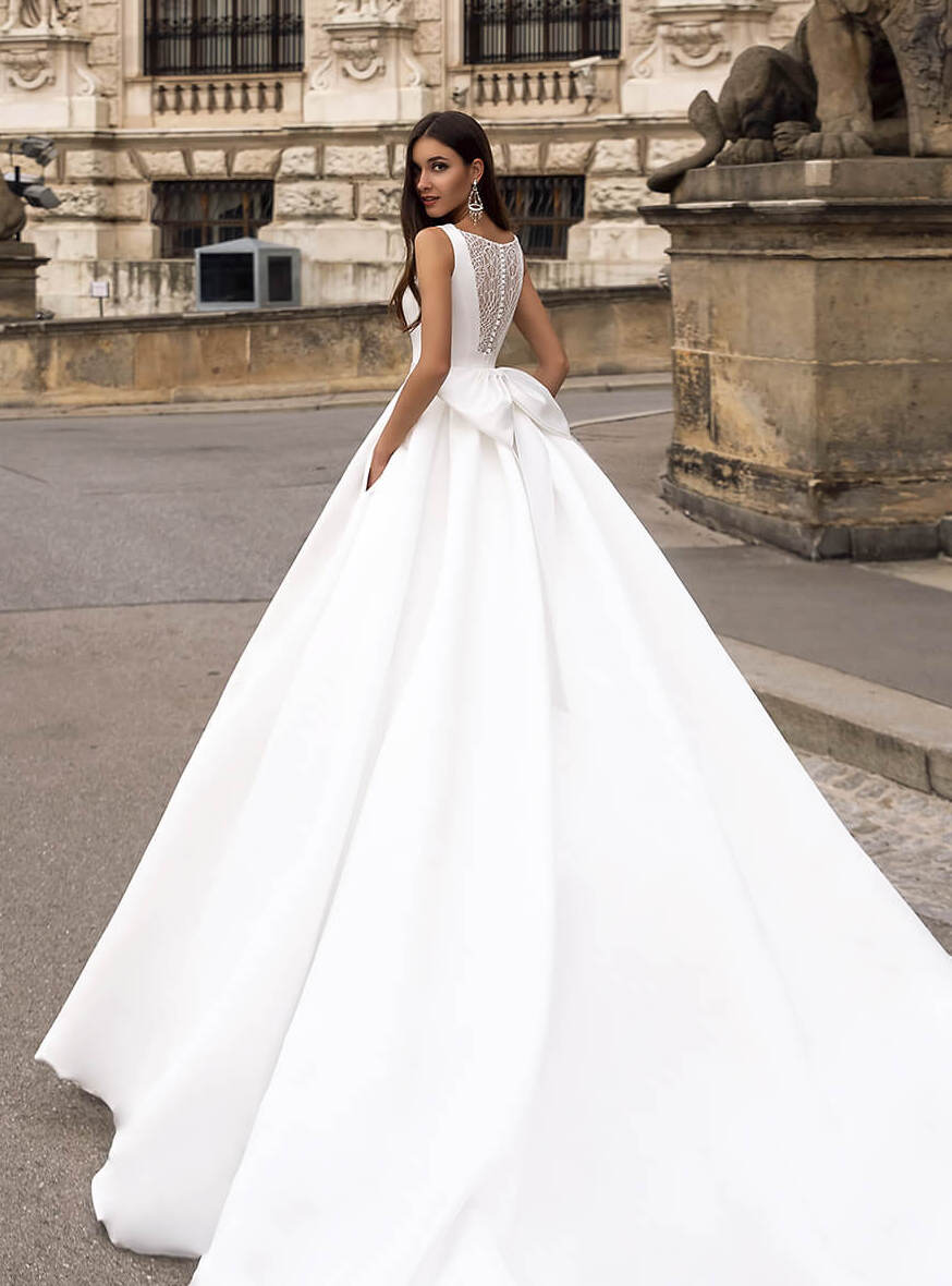wedding dress Vienna by OKSANA MUKHA Bridal gown wide straps, detachable bow, 1 m train