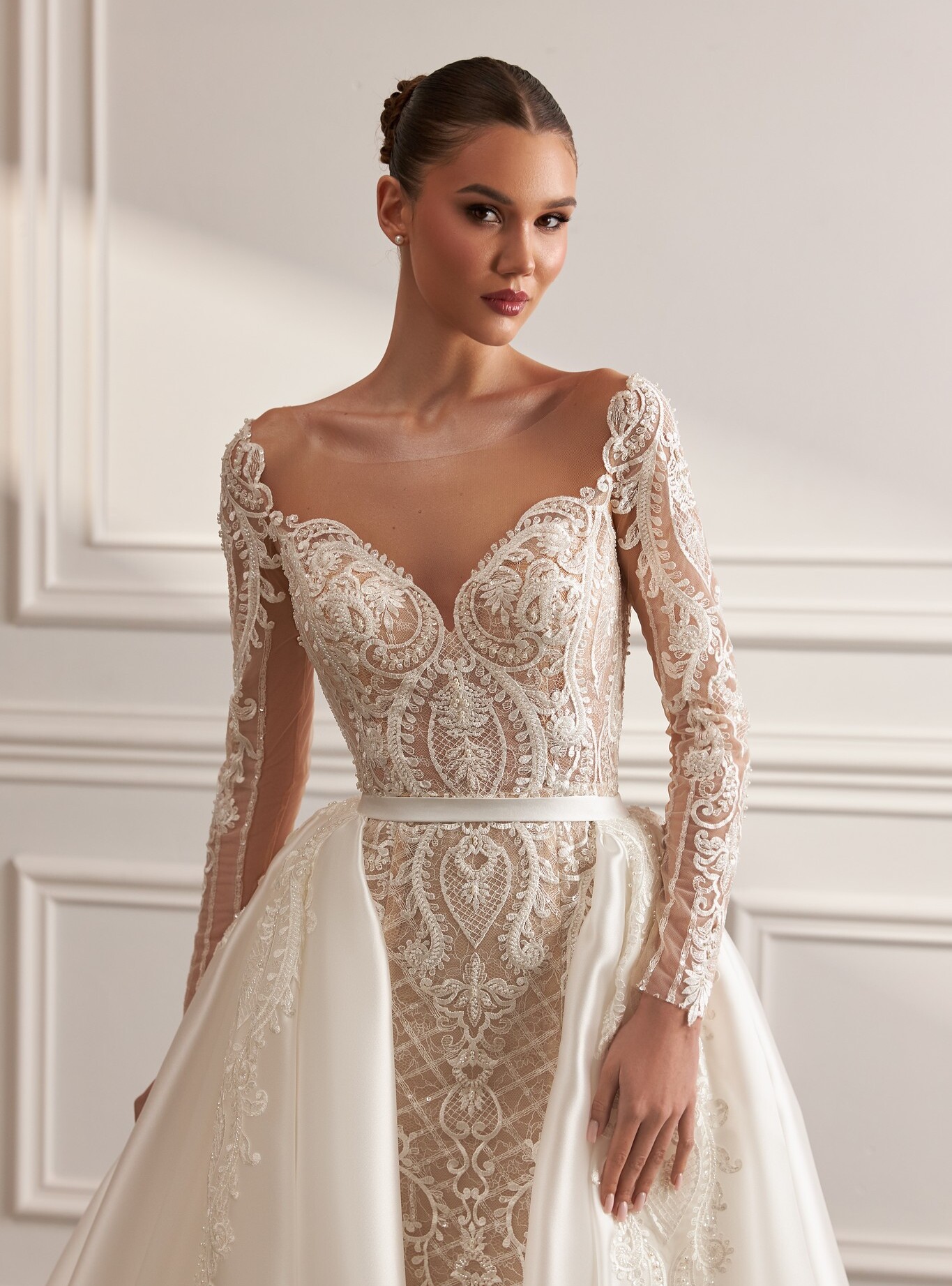 wedding dress Karelia-1 by OKSANA MUKHA Wedding dress fitted silhouette, lace sleeves, elegant design