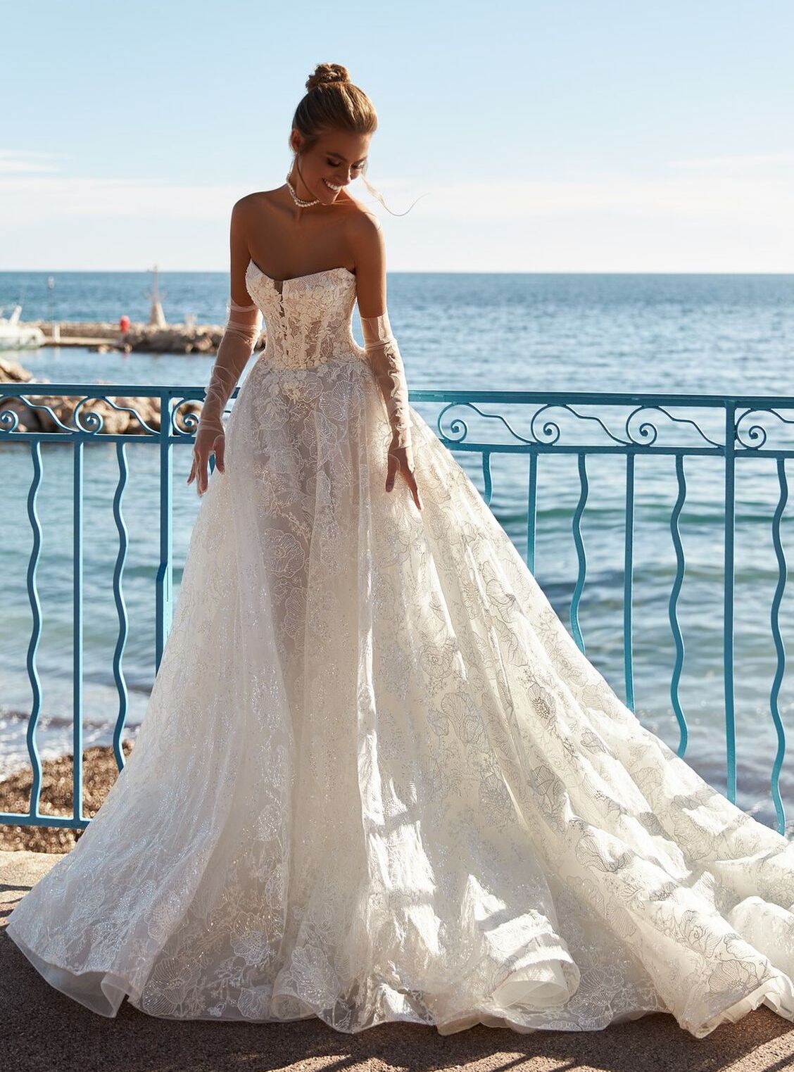 Bridal gown A-line, embroidered lace, 60 cm train