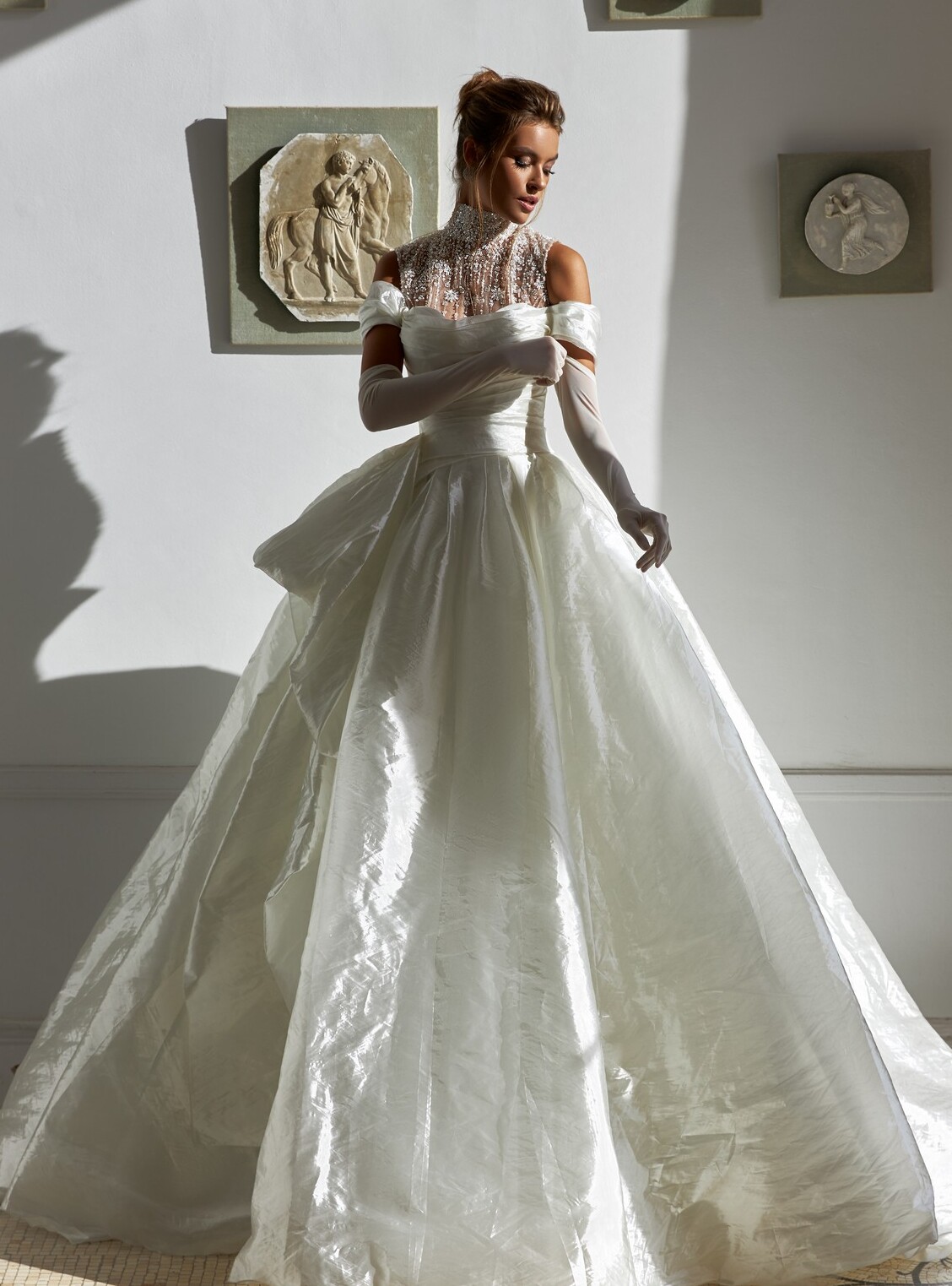 wedding dress Florence with cape by OKSANA MUKHA Bridal gown A-line, cups bodice, open back, side bow