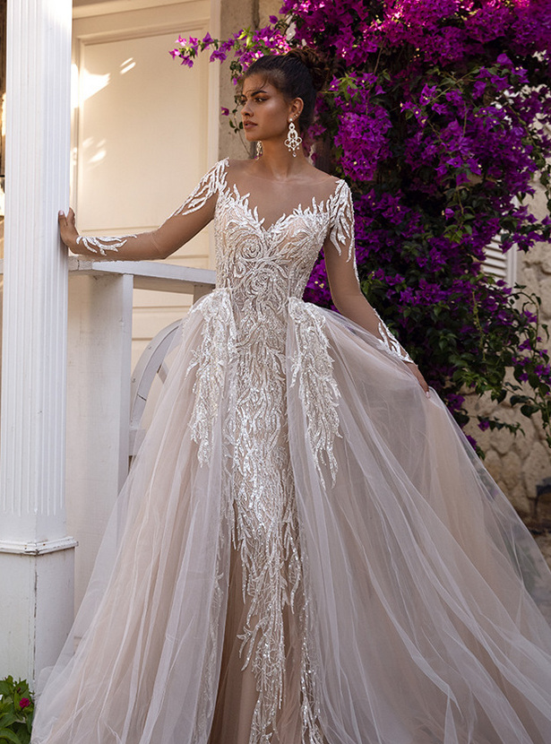 wedding dress Elody by OKSANA MUKHA Wedding dress fitted silhouette, sparkling lace, detachable overskirt