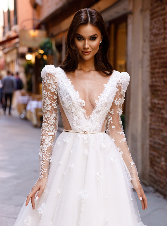 wedding dress Barbara by OKSANA MUKHA Dress lace appliqués, pearls, handmade flowers, 50 cm train