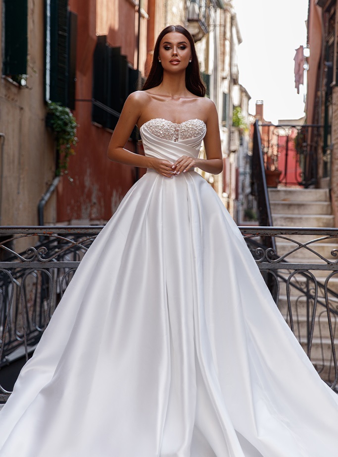wedding dress Nelly by OKSANA MUKHA Wedding dress A-line, satin, lace bodice